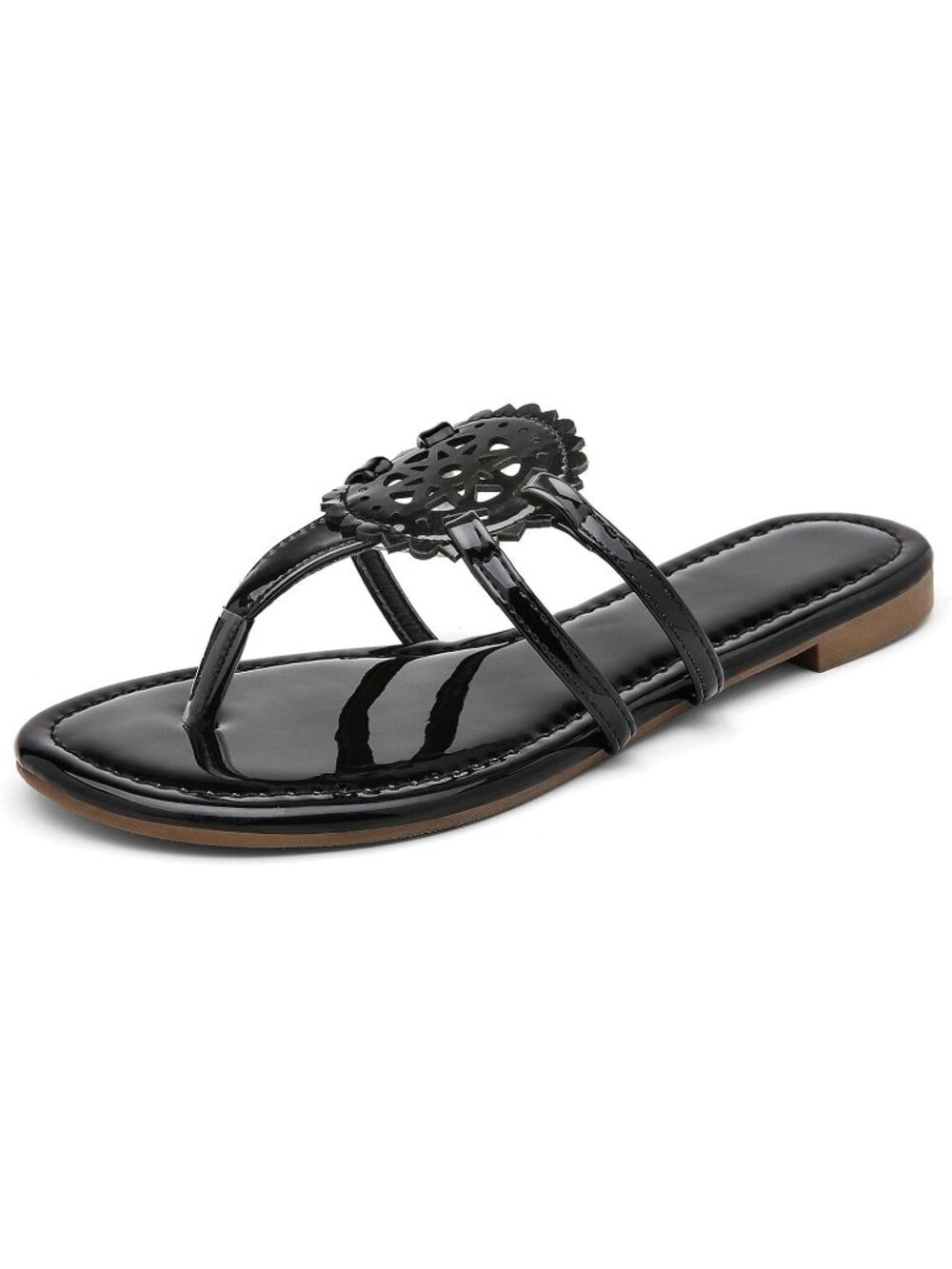 🆕Women's Black Flat Sandals Dressy Flip Flops Hollow Cutout Medallion Thong